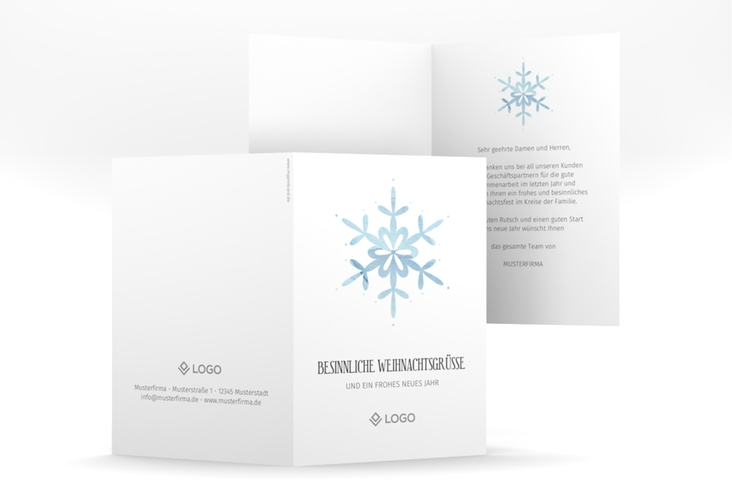 Geschäftliche Weihnachtskarte Winterhauch A6 Klappkarte hoch hochglanz mit Eiskristall und Firmenlogo