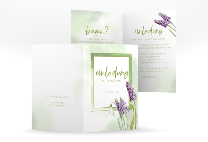 Einladungskarte Hochzeit Frühling A6 Klappkarte hoch mit Frühlingsblumen in Aquarell