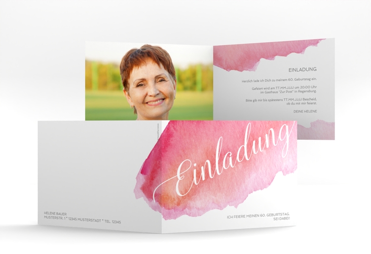 Einladung Geburtstag Aquarell A6 Klappkarte quer rot