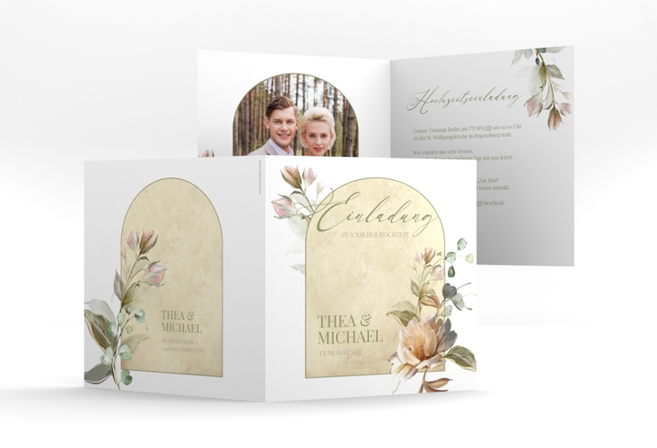 Hochzeitseinladung Dornröschen quadr. Klappkarte weiss mit Aquarell-Rosen im Vintage-Look