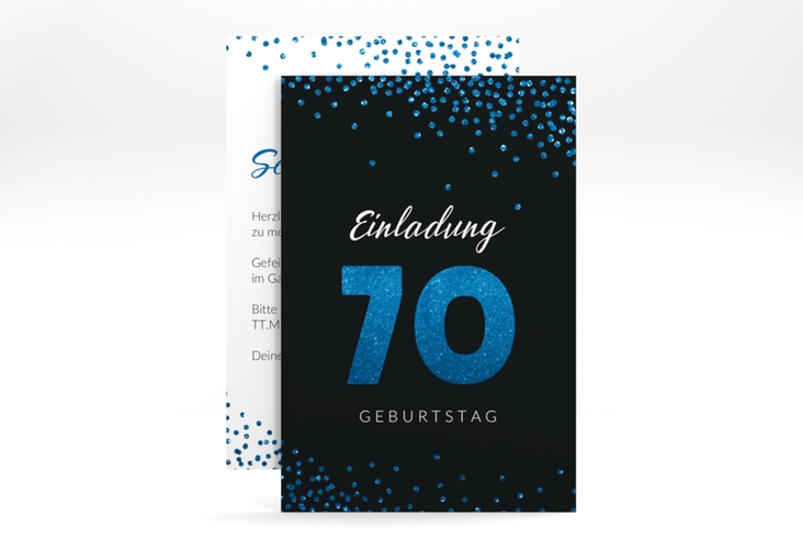 Einladung 70. Geburtstag Glitzer A6 Karte hoch blau hochglanz
