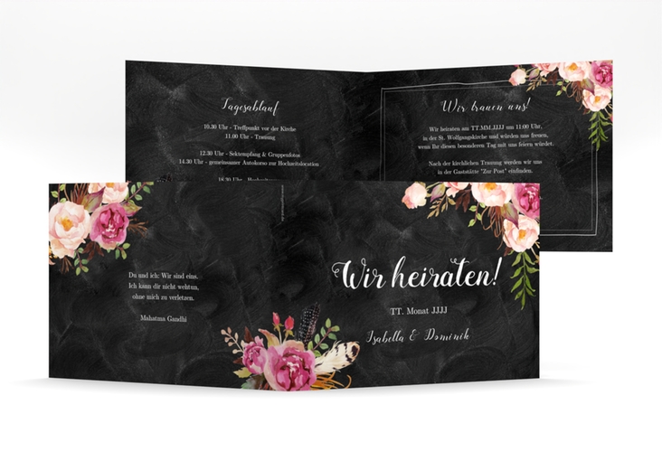 Hochzeitseinladung Flowers mittlere Klappkarte quer schwarz hochglanz mit bunten Aquarell-Blumen
