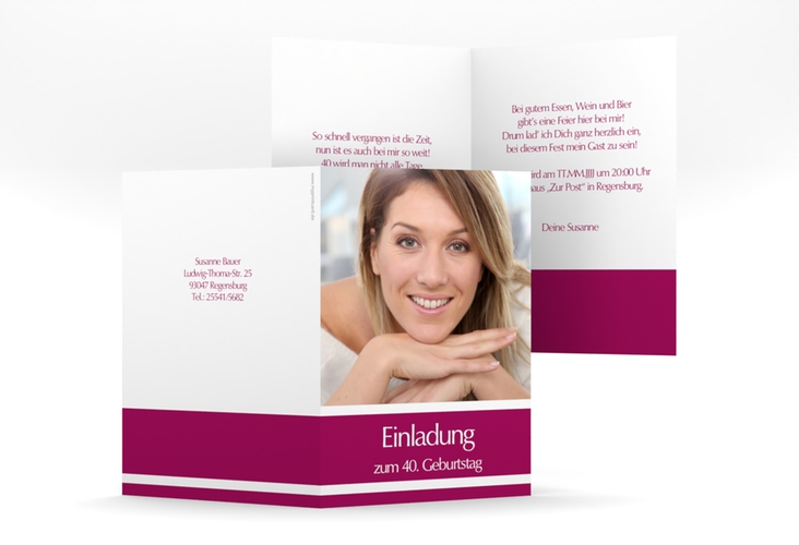 Einladung 40. Geburtstag Gerd/Gerda A6 Klappkarte hoch pink mit Foto