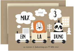 Einladungskarte Kindergeburtstag Zug A6 Karte quer Kraftpapier mit Lokomotive und Tieren