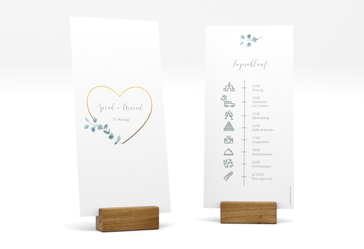 Tagesablauf Hochzeit Greenheart lange Karte hoch gold mit elegantem Herz und Eukalyptus-Zweig