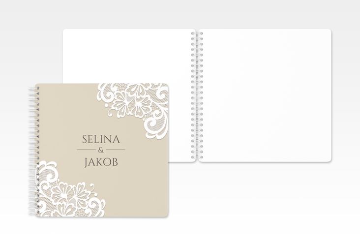 Gästebuch Hochzeit Vintage Ringbindung beige mit floraler Spitze