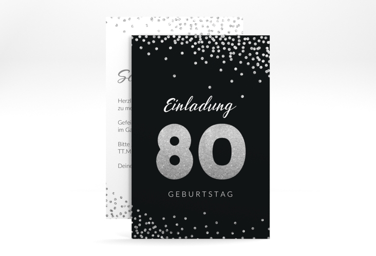 Einladung 80. Geburtstag Glitzer A6 Karte hoch grau hochglanz