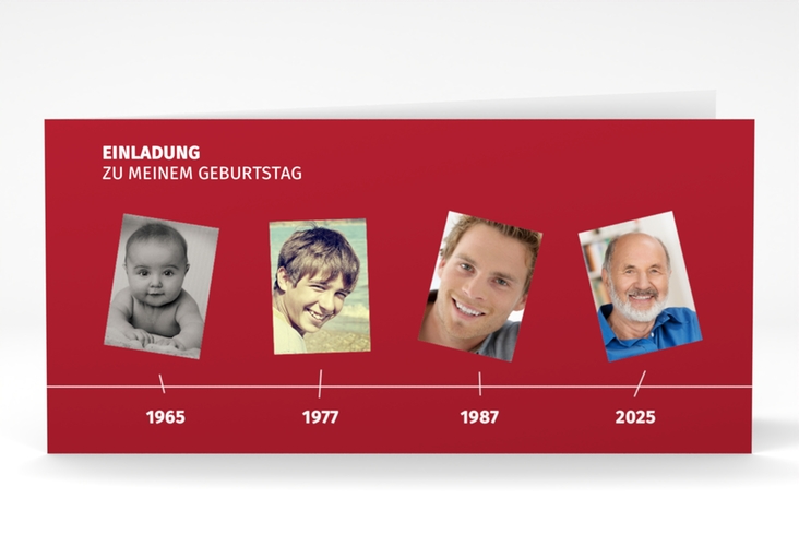 Einladung 60. Geburtstag Timeline lange Klappkarte quer rot