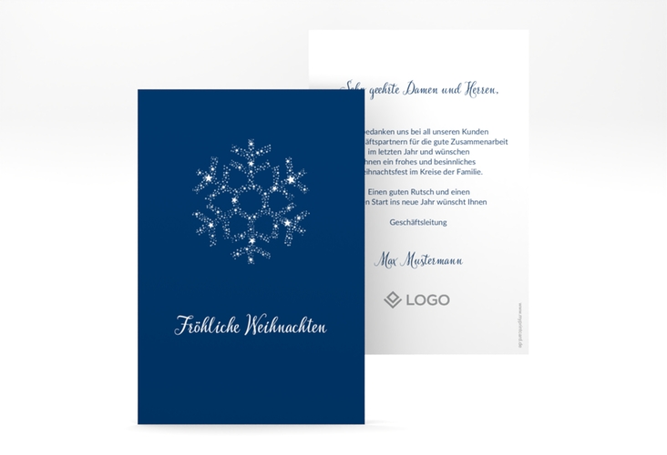Geschäftliche Weihnachtskarte "Sternflocke" A6 Karte hoch blau mit Schneeflocken-Motiv