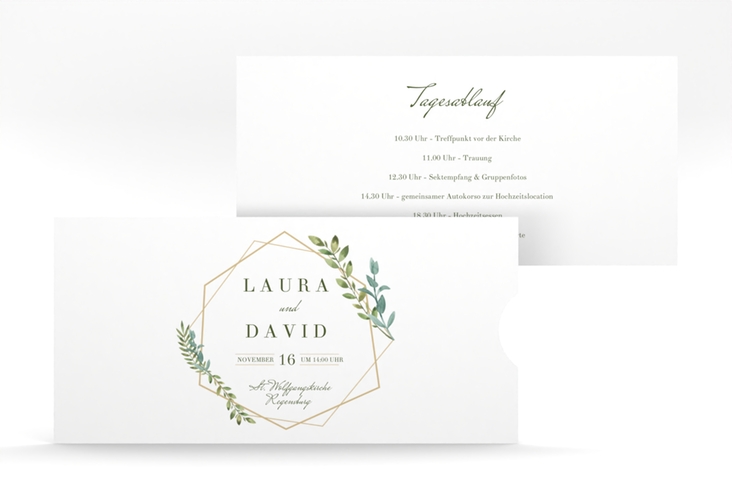 Hochzeitseinladung Herbarium Einsteckkarte gold mit geometrischem Rahmen und Blätter-Dekor
