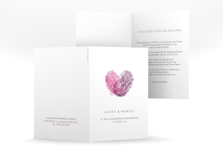 Einladungskarte Hochzeit Fingerprint A6 Klappkarte hoch pink schlicht mit Fingerabdruck-Motiv
