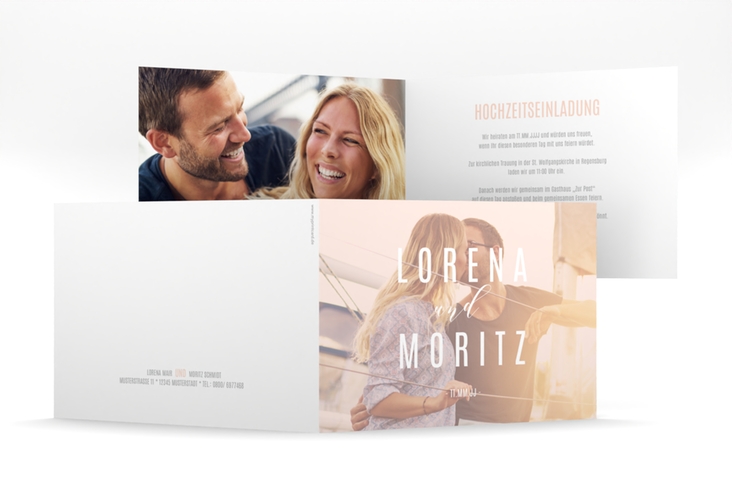 Hochzeitseinladung Memory mittlere Klappkarte quer rosa hochglanz