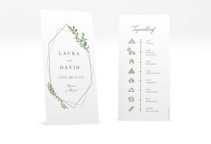 Tagesablauf Hochzeit Herbarium lange Karte hoch grau mit geometrischem Rahmen und Blätter-Dekor