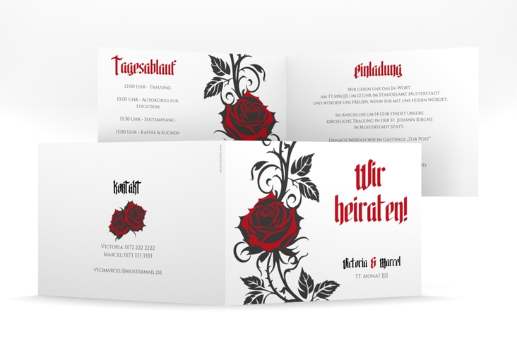 Hochzeitseinladung Red Rose mittlere Klappkarte quer weiss hochglanz