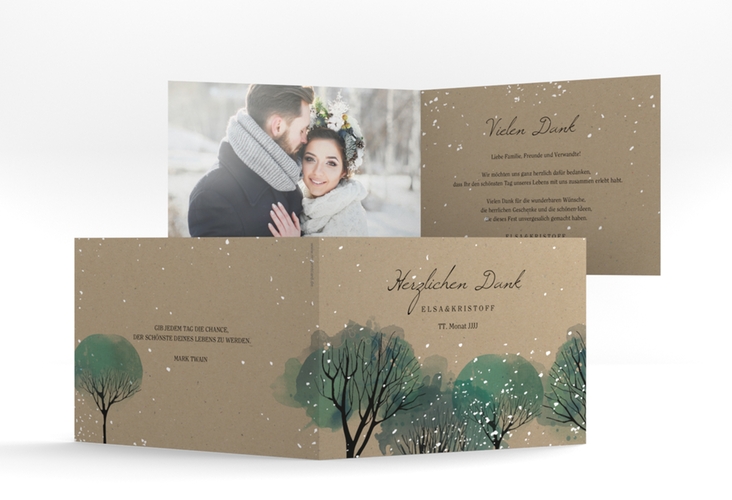 Danksagungskarte Hochzeit Winterhochzeit A6 Klappkarte quer Kraftpapier hochglanz