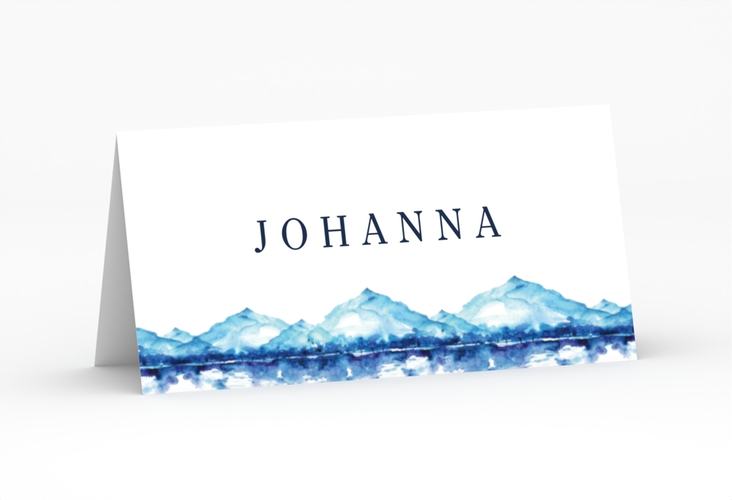Tischkarte Hochzeit "Bergliebe" Tischkarten blau mit Gebirgspanorama für Berghochzeit