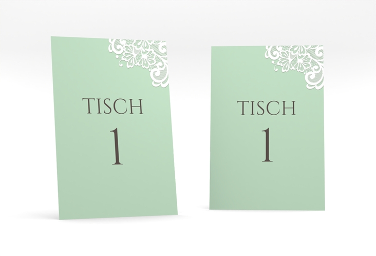 Tischnummer Hochzeit Vintage Tischaufsteller mint mit floraler Spitze
