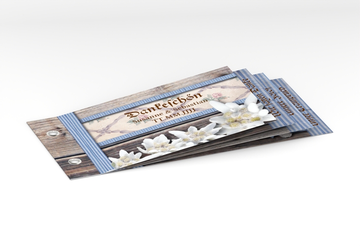 Danksagungskarte Hochzeit Bayern Booklet blau mit Edelweiß in rustikaler Holz-Optik