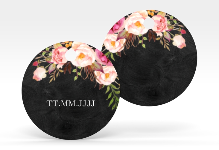 Geschenkanhänger Hochzeit Flowers Geschenkanhänger, rund schwarz mit bunten Aquarell-Blumen