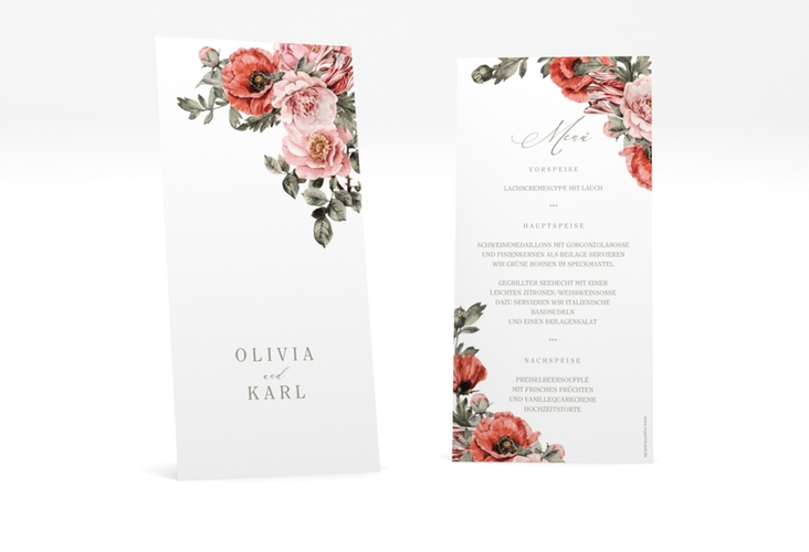 Menükarte Hochzeit Grazioso lange Karte hoch weiss modern mit Mohnblumen und Rosen