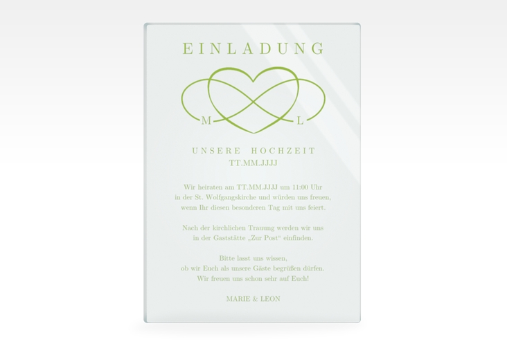 Acryl-Hochzeitseinladung Infinity Acrylkarte hoch gruen hochglanz