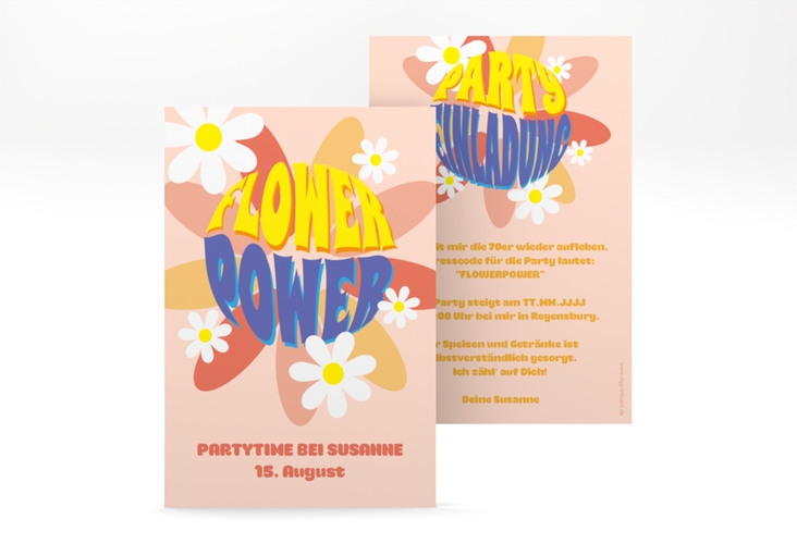 Party Einladung Flowerpower A6 Karte hoch bunt hochglanz mit Margeriten im Retro-Stil der 70er