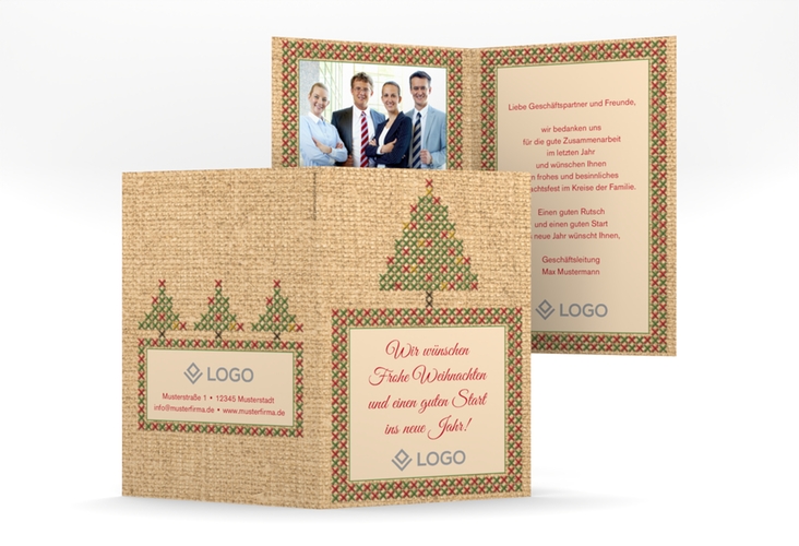 Geschäftliche Weihnachtskarte Stickerei A6 Klappkarte hoch in Jute-Optik mit aufgesticktem Christbaum