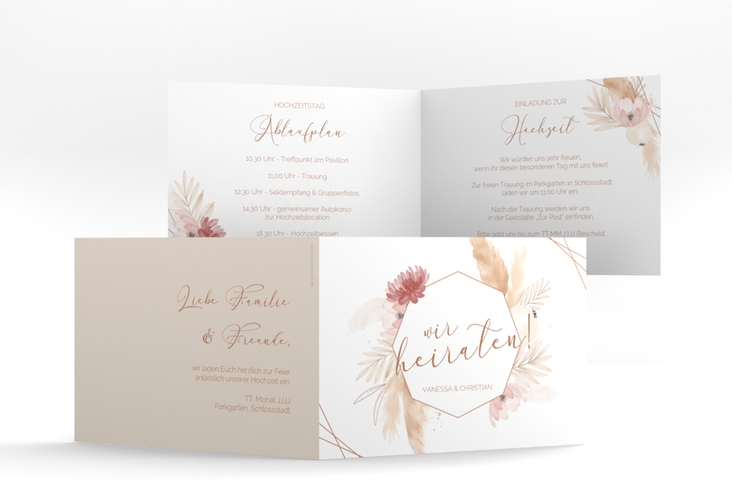 Hochzeitseinladung Bohostyle A6 Klappkarte quer beige mit Pampasgras in Aquarell