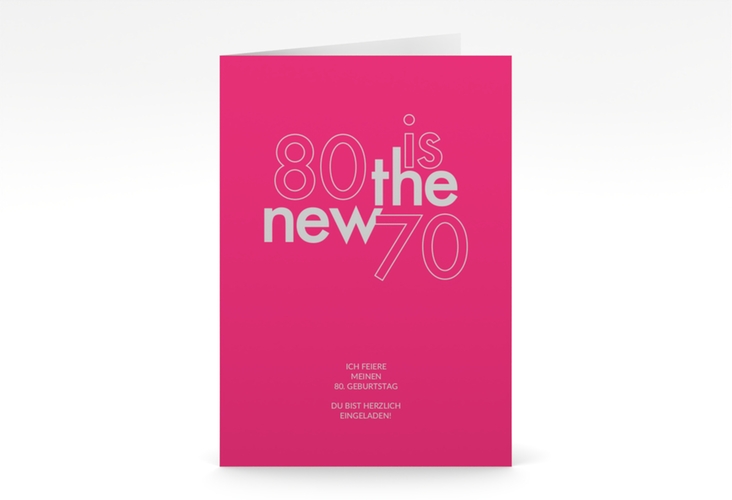 Einladung 80. Geburtstag Grateful A6 Klappkarte hoch pink hochglanz