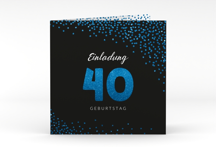 Einladung 40. Geburtstag Glitzer quadr. Klappkarte blau hochglanz