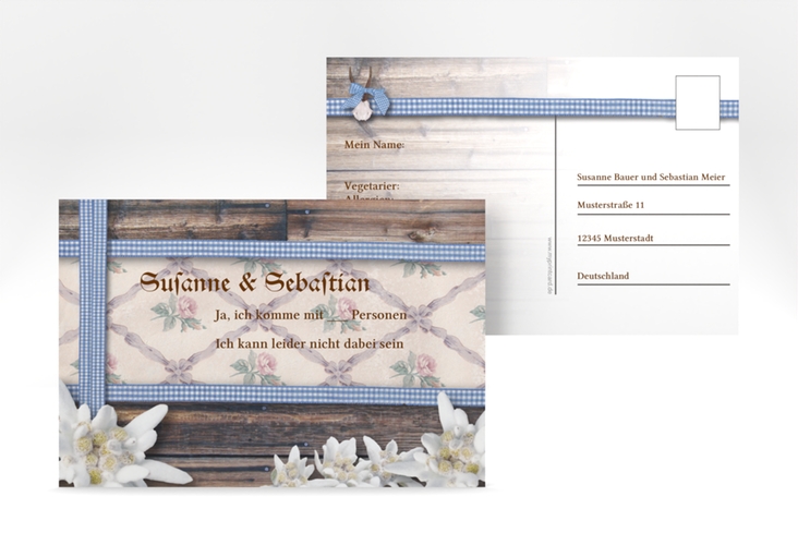 Antwortkarte Hochzeit Bayern A6 Postkarte blau mit Edelweiß in rustikaler Holz-Optik