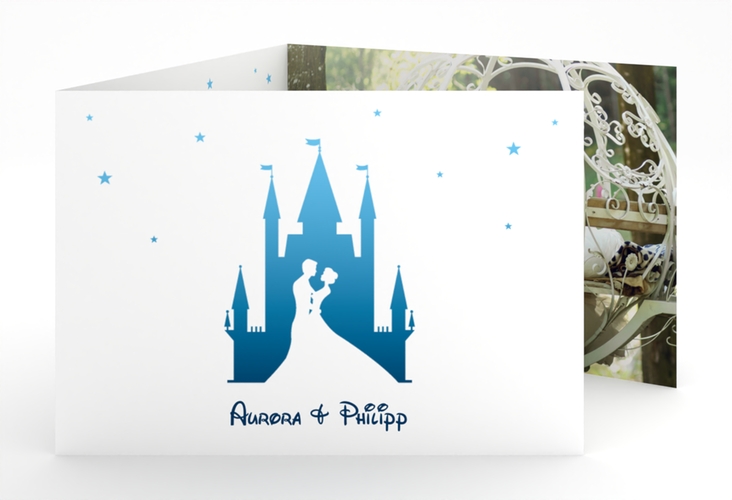 Hochzeitseinladung Castle A6 Doppel-Klappkarte blau
