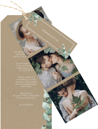 Klick: Details zu Hochzeitseinladung "Eucalypt" anzeigen Hochzeitseinladung Eucalypt Kartentrio Kraftpapier mit Eukalyptus und edlem Rahmen