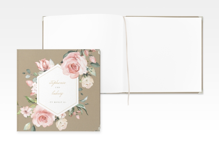 Gästebuch Selection Hochzeit Graceful Leinen-Hardcover Kraftpapier mit Rosenblüten in Rosa und Weiß