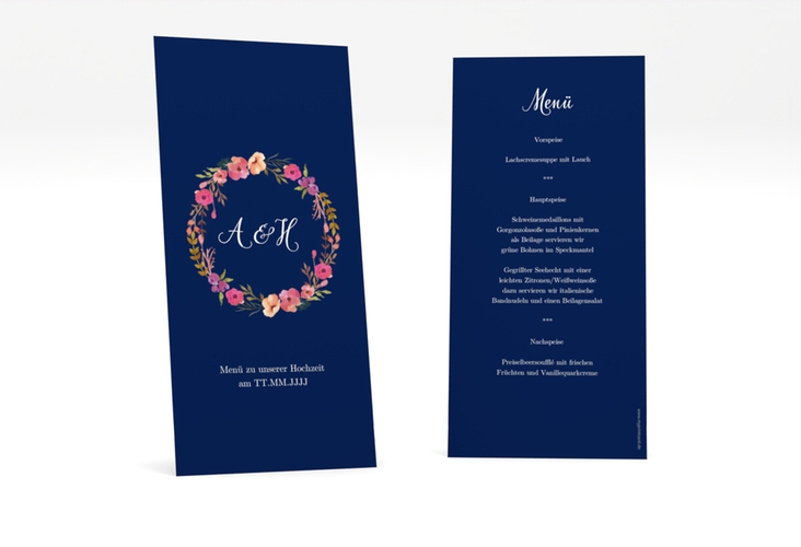 Menükarte Hochzeit Fiore lange Karte hoch blau