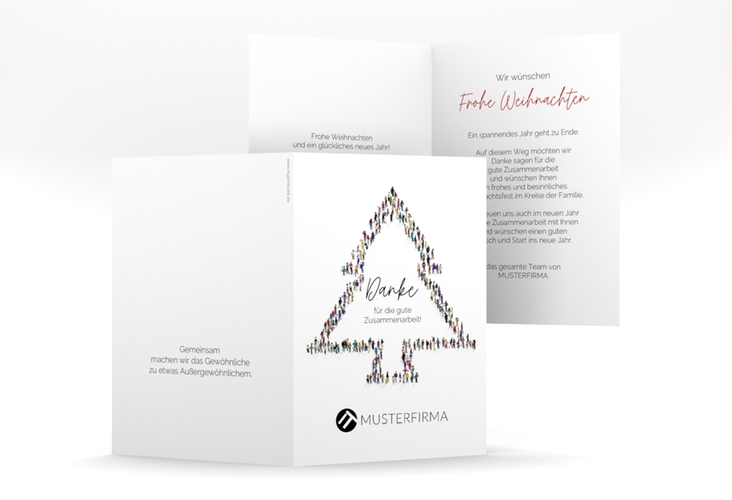 Geschäftliche Weihnachtskarte Teamwork A6 Klappkarte hoch mit Tannenbäumen