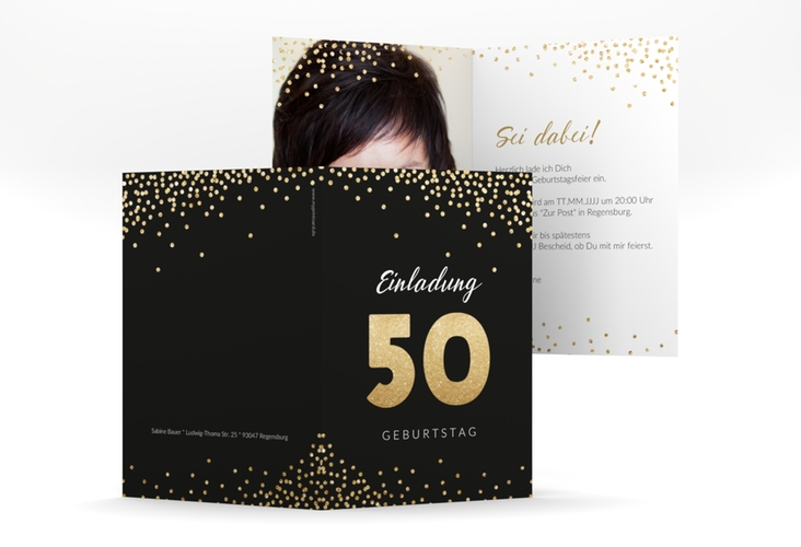 Einladung 50. Geburtstag Glitzer A6 Klappkarte hoch gold hochglanz