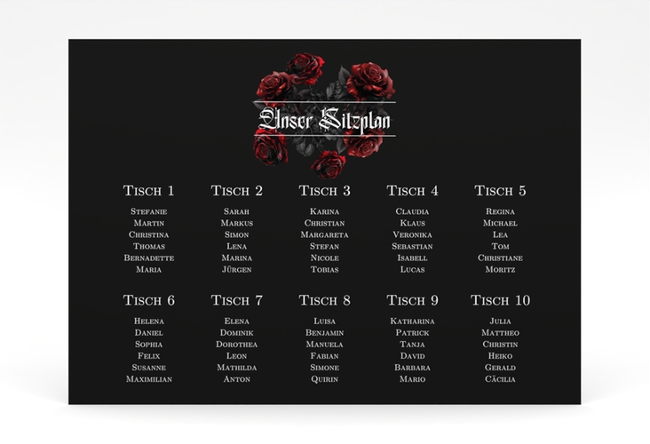 Sitzplan Poster Hochzeit Gothic Rose 70 x 50 cm Poster schwarz
