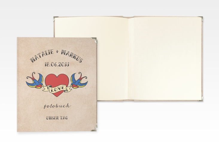 Hochzeitsalbum Tattoo 21 x 25 cm beige mit Herz und zwei Schwalben