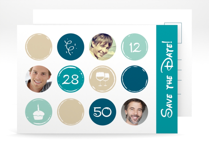 Save the Date-Postkarte Geburtstag Circles A6 Postkarte tuerkis hochglanz