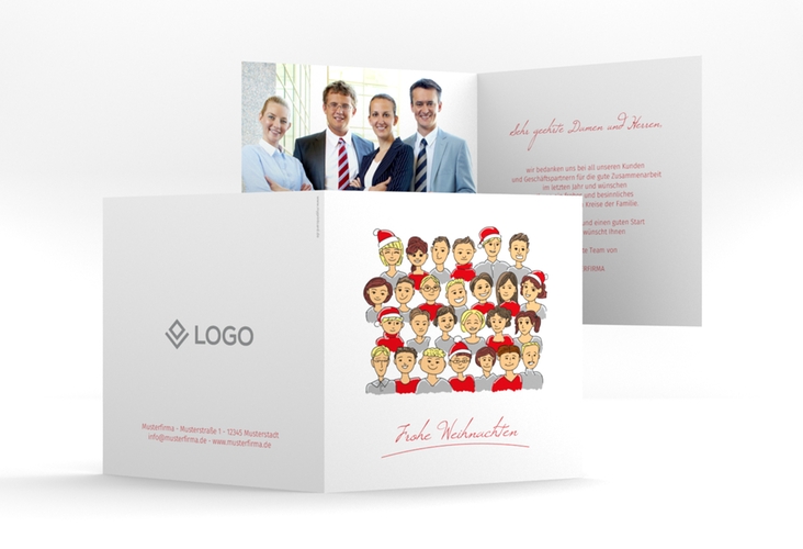 Business-Weihnachtskarte Team quadr. Klappkarte rot hochglanz und weiß mit Illustration der Firmenbelegschaft