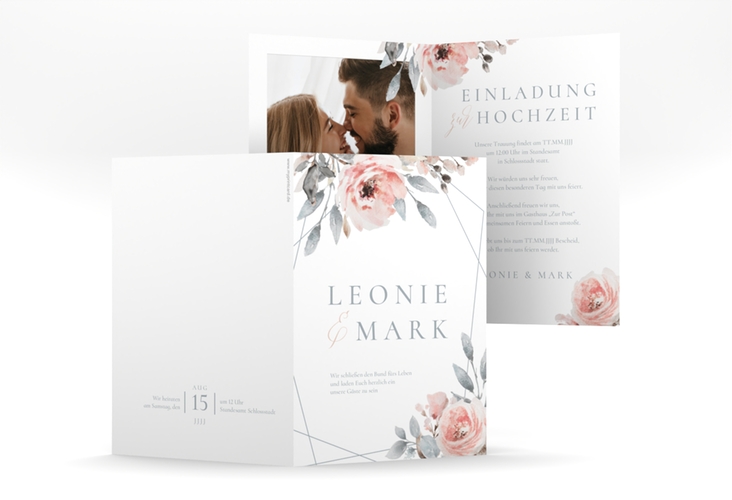 Einladungskarte Hochzeit Perfection A6 Klappkarte hoch weiss hochglanz mit rosa Rosen