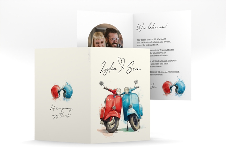 Einladungskarte Hochzeit Retro Roller A6 Klappkarte hoch mit zwei aneinander gelehnten Motorrollern