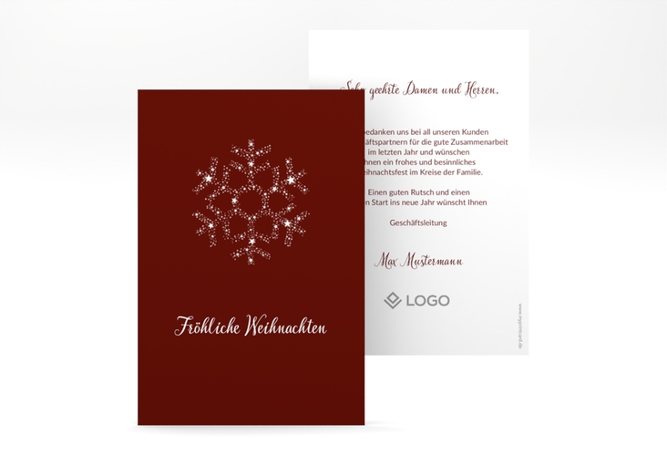 Geschäftliche Weihnachtskarte Sternflocke A6 Karte hoch rot hochglanz mit Schneeflocken-Motiv