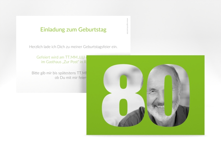 Einladung 80. Geburtstag Numbers A6 Karte quer gruen hochglanz
