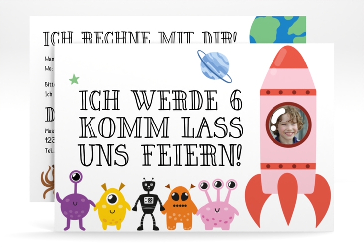 Einladungskarte Kindergeburtstag Zahlien A6 Karte quer mit außerirdischen Monstern und Rakete