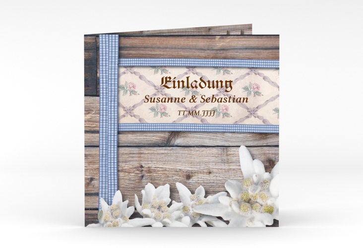 Einladungskarte Hochzeit Bayern quadr. Klappkarte blau hochglanz mit Edelweiß in rustikaler Holz-Optik
