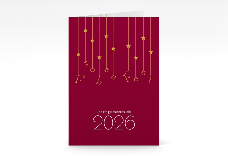 Geschäftliche Weihnachtskarte Windspiel A6 Klappkarte hoch rot hochglanz schlicht mit Sternchen-Girlande und Jahreszahl