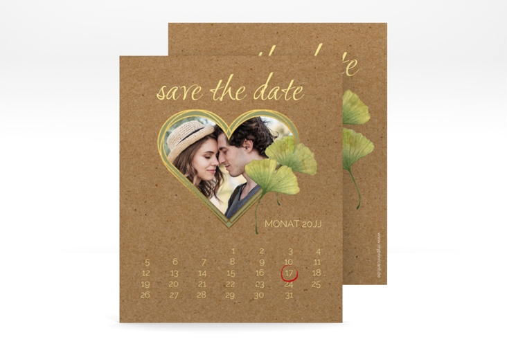 Save the Date-Kalenderblatt Ginko Kalenderblatt-Karte Kraftpapier hochglanz mit Herz und zwei Ginkgo-Blättern