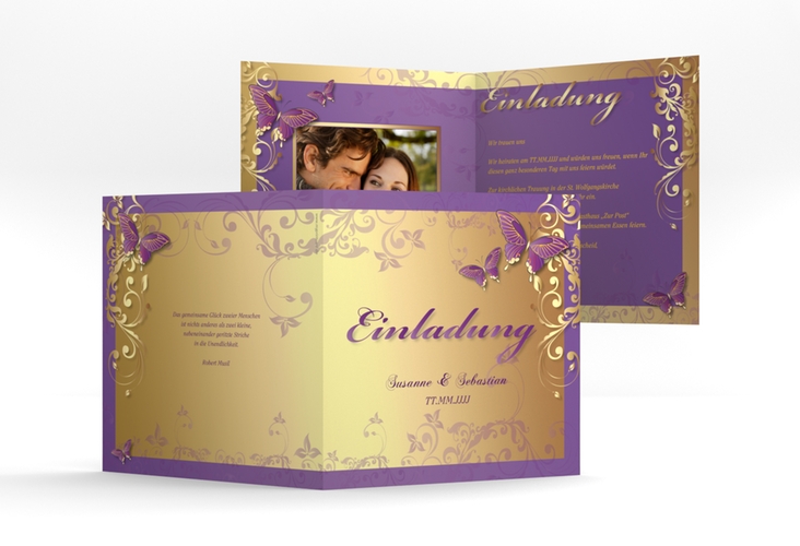 Hochzeitseinladung Toulouse quadr. Klappkarte lila hochglanz romantisch mit Schmetterlingen